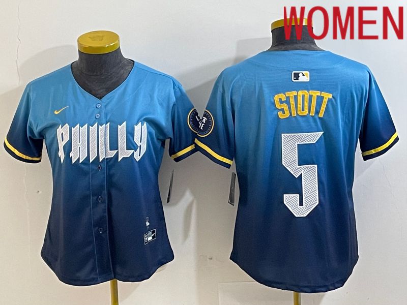 Women Philadelphia Phillies #5 Stott Blue City Edition Nike 2024 MLB Jersey style 1